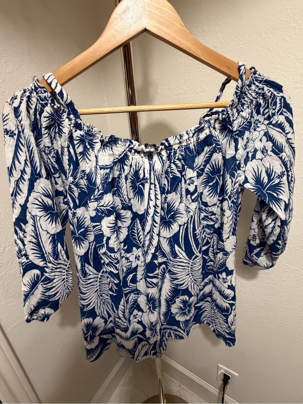 Chaps Blue and White Floral Off-Shoulder Tunic